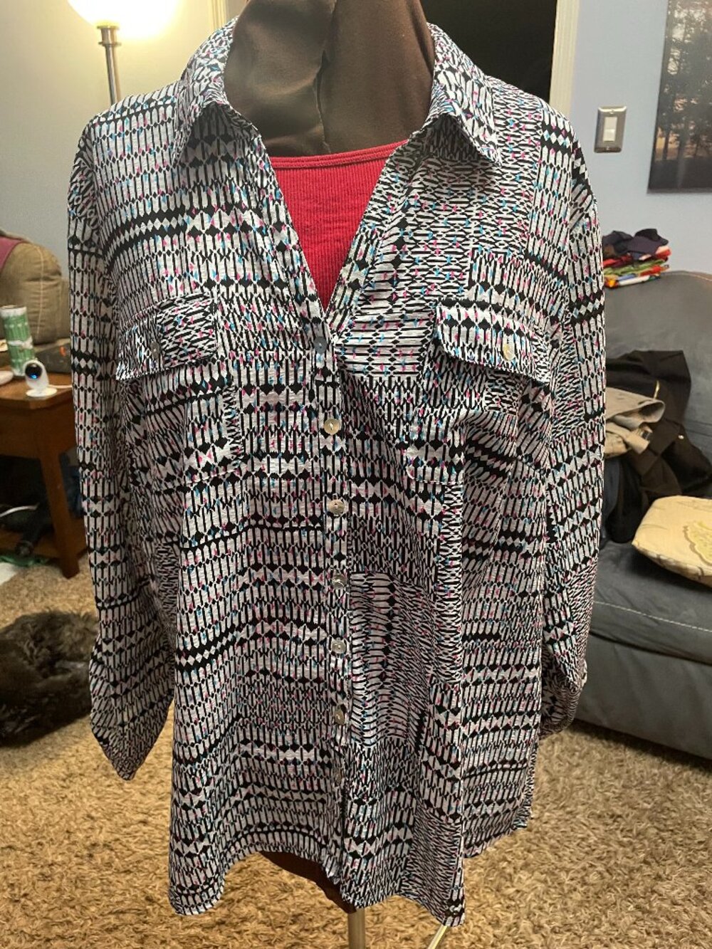 Women's Patterned Button-Front Shirt - Black & White with Pink Accent